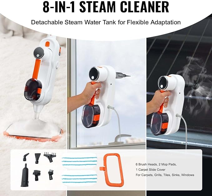 Steam Mop 8-in-1 Hard Wood Floor Cleaner with 7 Replaceable Brush Heads for Various Hard Floors Like Ceramic Granite Marble Linoleum Natural Floor Mop with 2 pcs Machine Washable Pads