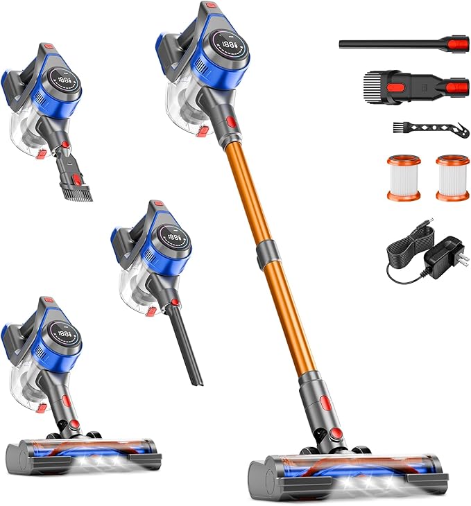 Cordless Vacuum Cleaner 45Kpa Vacuum Cleaner for Home 45Mins Stick Vacuums with Battery Display Anti-Tangle &ampWall Mount Charging 8 in 1 Lightweight Vacuum for Hard floor Carpets Pet Hair Y501