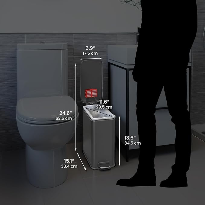 iTouchless 3 Gallon Small Wastebasket for Bathroom with Lid Deodorizer Soft-Step Stainless Steel Slim Garbage Bin 11.5L Matte Grey Small Trash Can Step Pedal Modern Industrial Decor for Restroom
