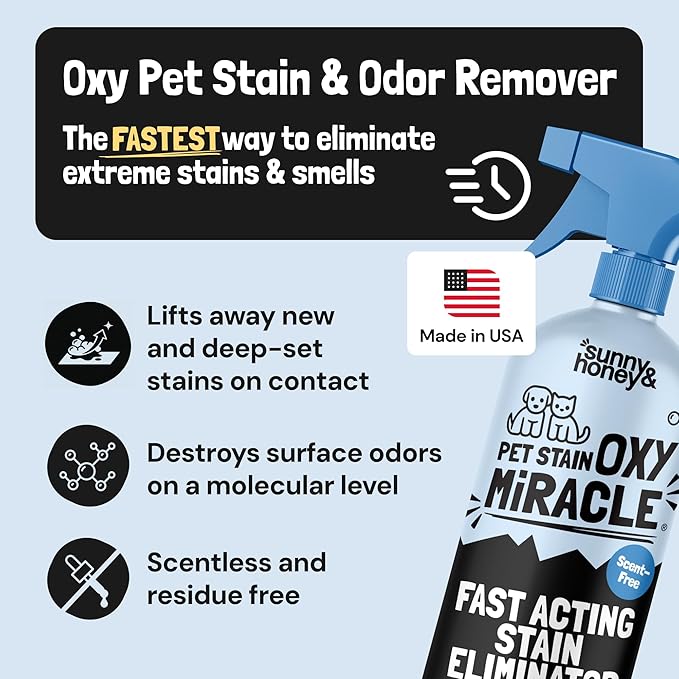 Sunny &amp Honey Oxy Pet Stain and Surface Odor Remover - Fast Acting Carpet Cleaner Spray to Eliminate Dog Pee Vomit and Stubborn Stains - Unscented 32oz