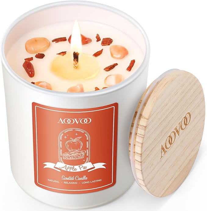 AOOVOO Apple Pie Scented Candles for Women - Aromatherapy Candle with Crystals Inside 10oz Soy Candles for Home Scented Birthday Gifts Valentines Day Candle for Women Mom