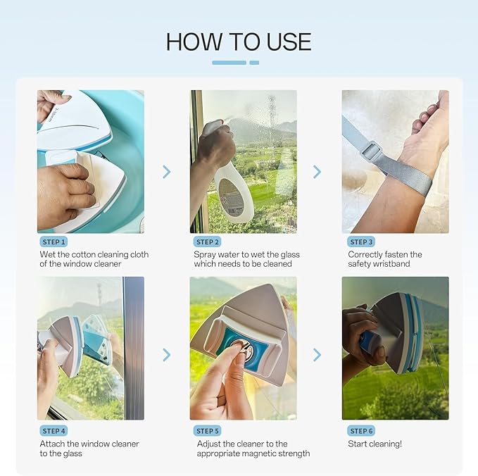 Magnetic Window Cleaner Adjustable Double Sided Window Cleaning Tool for Single &amp Double Glazed Glass (0.1–1.2) High-Rise Glass Wiper with 2.5m Safety Rope