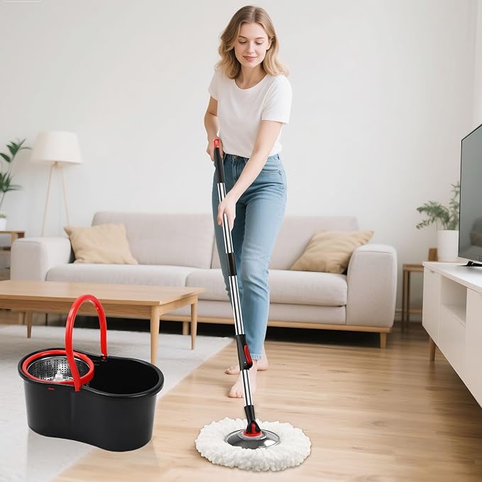 Spin Mop and Bucket with Wringer Set 360° Spinning Mop Bucket System with 3 Microfiber Mop Replacement Heads and 51 Stainless Steel Adjustable Handle for Floor Cleaning (15QT)