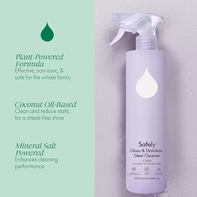 Safely Glass Cleaner– Calm Pack of 6 –Plant-Powered Window Cleaner Spray with Coconut Oil Mineral Salt Corn Alcohol– Wipes Away Dirt  Residue – Leaves Glass Shiny  Fingerprint-Free– 20 Fl Oz Each