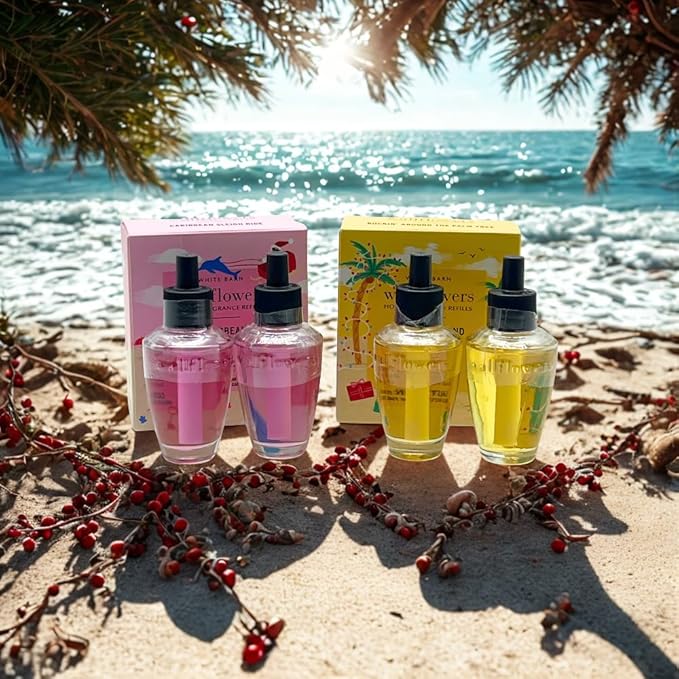 Bath &amp Body Works Wallflowers Refills Christmas Scents 4-Bulb Bundle – Holiday Tropical &amp Coastal Collection 2-Pack Gift Set with a Blue Bow (Caribbean Sleigh Ride + Rockin’ Around The Palm Tr