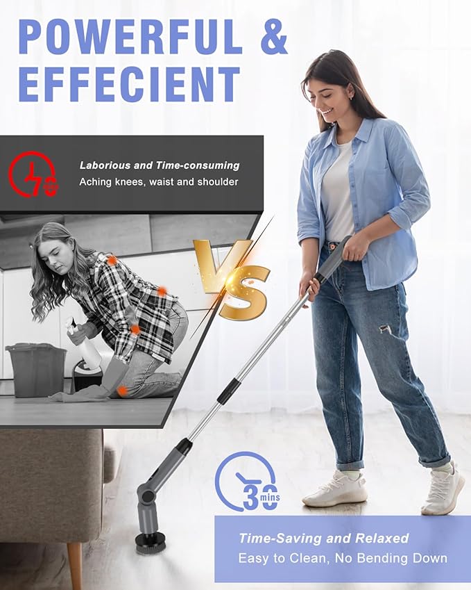 Electric Spin Scrubber [IPX8 Waterproof ] [50KG Torque] Shower Scrubber with 9 Brush Heads 2 Speed Mode 4 Adjustable Angles Electric Brush for Cleaning for Bathroom Floor Tile (Gray)
