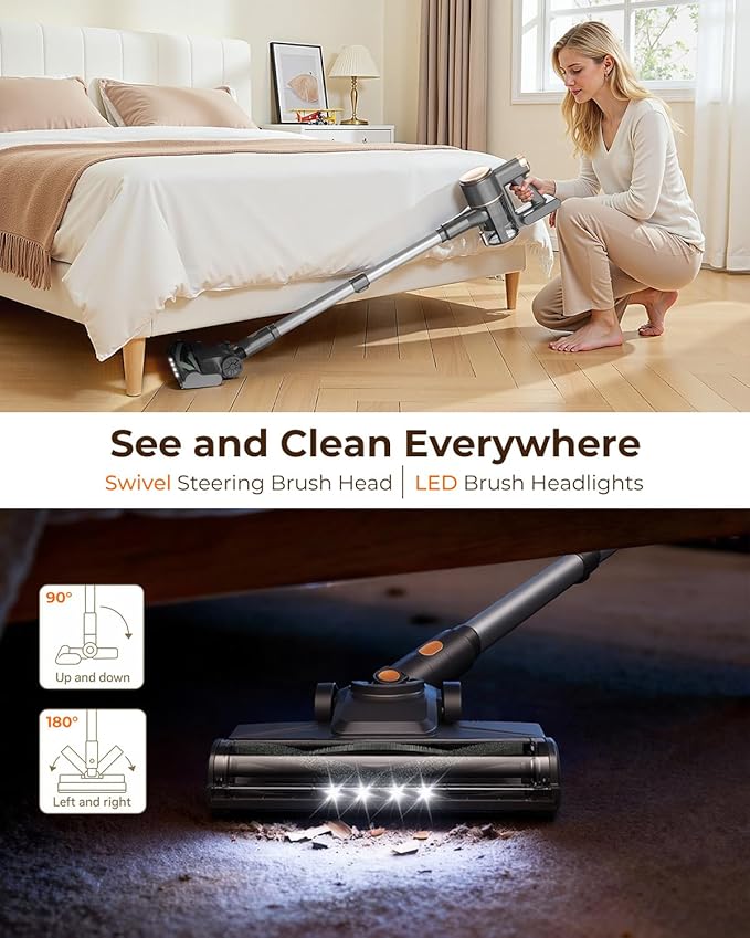 N8 Cordless Vacuum CleanerLightweight Stick Vacuum with Powerful Suction2200mAh Battery40 Mins RuntimeSelf-StandingRechargeable Vacuum Cleaners for Home Hardwood Floor Carpet Pet Hair (Gold)