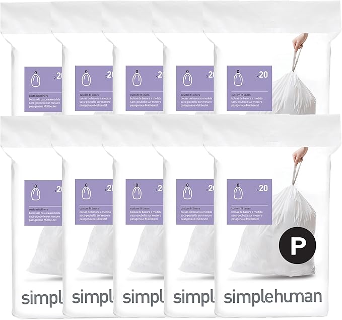 simplehuman Code P 200 Count Dispenser Pack Custom Fit Liners Drawstring Trash Bags 50-60 Liter / 13-16 Gallon White