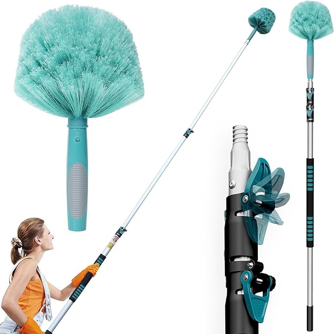 20 Feet High Reach Cobweb Duster with 5-12Ft Extension Pole Webster Cobweb Duster with 3-Stage Telescopic Aluminum Pole Spider Web Brush for Outdoor &amp Indoor Cleaning - Soft Bristles.