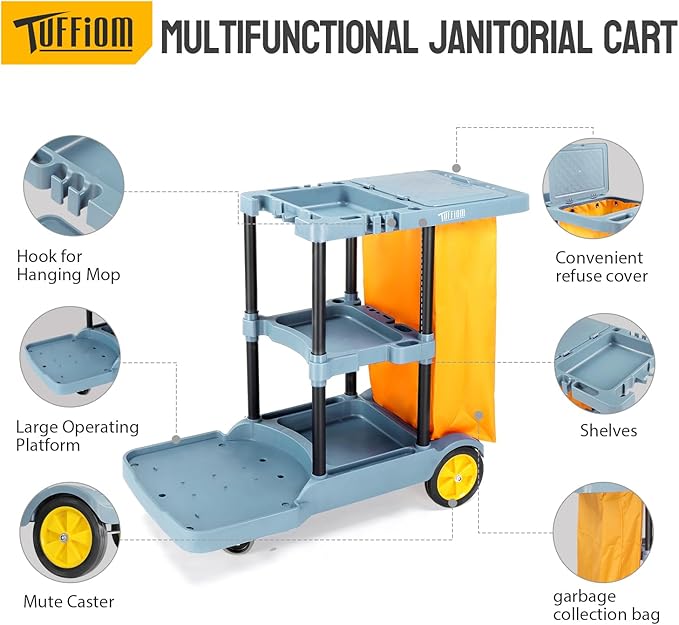 TUFFIOM Commercial Traditional Cleaning Janitorial 3-Shelf Cart 500 Lbs Capacity Housekeeping Cart 42.5 L x 18.7 W x 37.6 H Wheeled with 22 Gallon Yellow Vinyl Bag and Cover w lid Blue