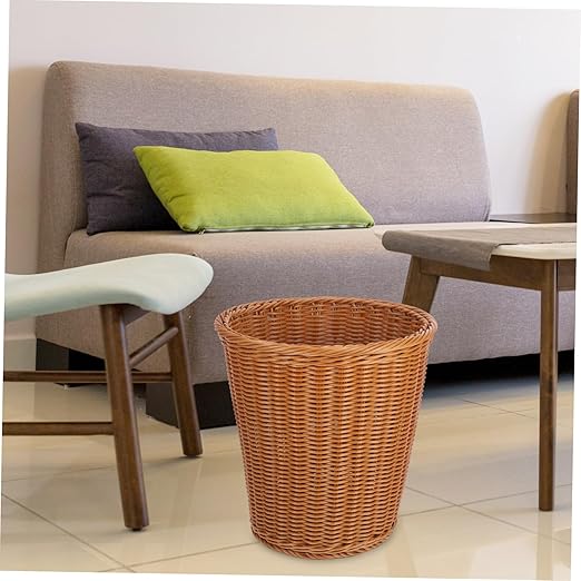 Cabilock 1Pc Simulated Rattan Woven Trash Can Decorative Wastebasket for Home Use Chic Imitated Rattan Style Versatile Trash Bin for Kitchen Bathroom and Office Decor