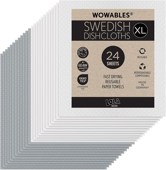 Swedish Dishcloths for Kitchen XL 24 2x12 Sheet Rolls Biodegradable Compostable Reusable Paper Towel Cleaning Cloths 11 x 10 No Odor Washing Dishes Ultra Absorbent Cellulose Sponge Towel LOLA