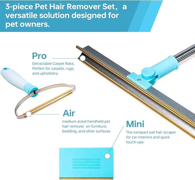 Pet Hair Remover Set 3Pcs Pet Hair Remover ToolCarpet Rake for Dogs &amp Cats Hair RemovalCarpet Rake for Pet Hair Removal Pet Hair Removal Broom for Rug Couch Pet Bed CarClothes Furniture
