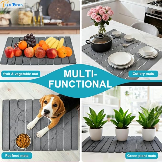 2 PCS Diatomaceous Stone Drying Mat for Kitchen Counter Quick Dry Collapsible Stone Dishes Mats Marbled Absorbent Bath Mat for Countertop Bottles Utensils Cups Dark Gray 24×16 &amp 8x4