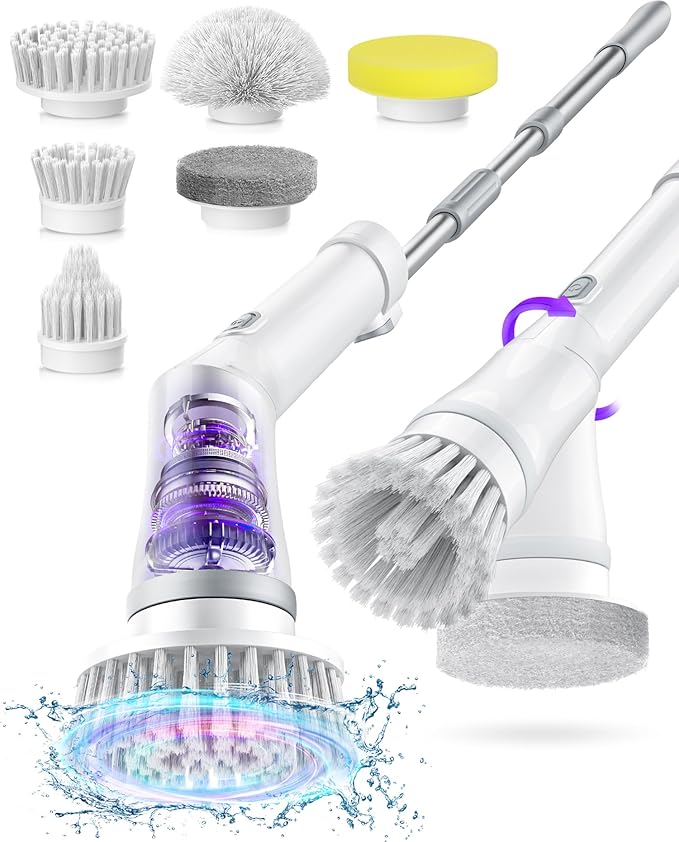 NBONEBS Electric Spin Scrubber Cordless Shower Scrubber Rotary Floor Brushes &amp Pad Drivers with 6 Brush Heads - 2H Dual Speed IPX7 Waterproof Extension Handle for Bathroom Tile Car Cleaning