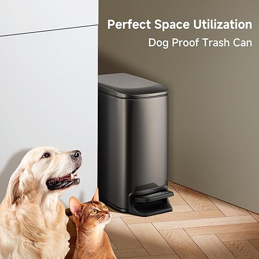 TIPGO Slim Bathroom Trash Can with Lid Soft Close 6 Liter / 1.6 Gallon Stainless Steel Garbage Can with Removable Inner Bucket Step Pedal Small Trash Cans for Bedroom Office Kitchen (Black Gold)