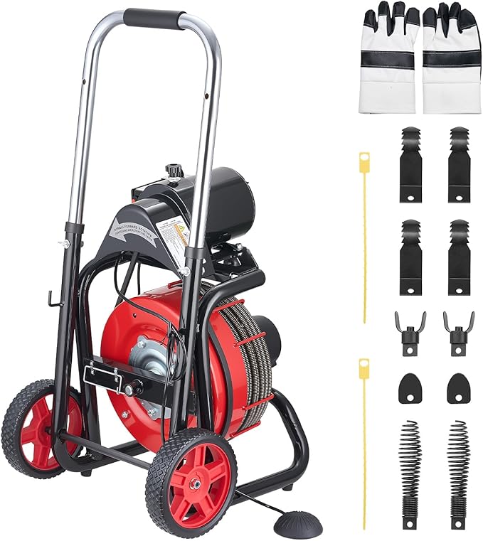 VEVOR Drain Cleaner Machine 100 FT x 1/2 Inch Auto Feed Sewer Snake Auger on Wheels - with 8 Cutters &amp Air-Activated Foot Switch for 2 to 6 Pipes