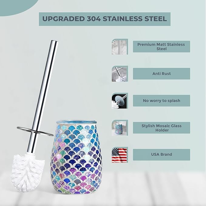 Escenzy Mermaid Bathroom Toilet Brush and Holder Set Mosaic Glass | Non-Rustic Stainless Steel | Practical &amp Decorative Toilet Bowl Brush and Holder | Luxury Mermaid Bathroom Decor