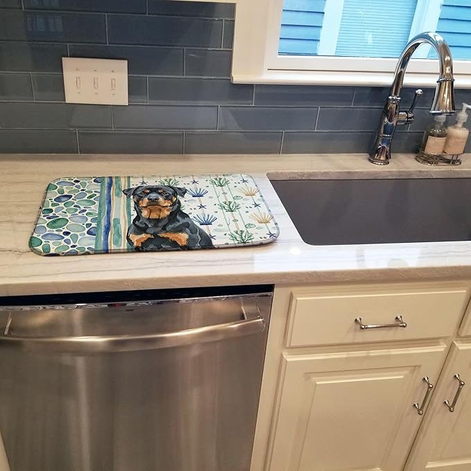 Caroline's Treasures Rottweiler Coastal Sea Glass Dish Drying Mat Absorbent Dish Drying Mat Pad for Kitchen Counter Dish Drainer Mat for Countertop 14 x 21 Multicolor