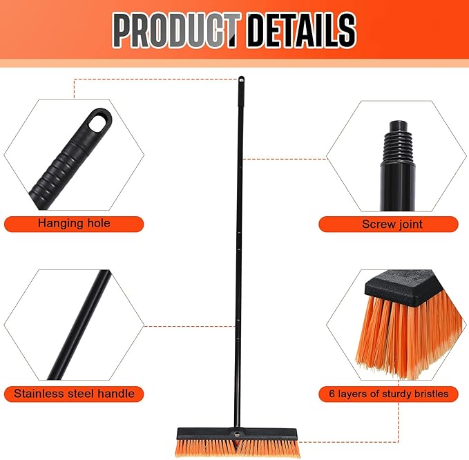Zhehao 6 Pack 18 Inches Push Broom Outdoor Multi Surface Garden Brush Broom with Adjustable 63 Long Handle for Deck Driveway Patio Warehouse Garage Yard Concrete Floor Cleaning (Orange)