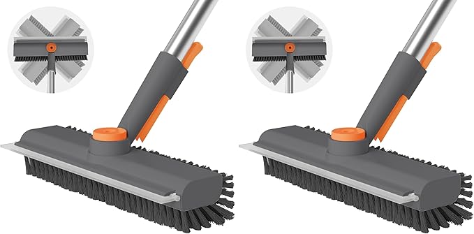 Floor Scrub Brush with Long Handle 3 in 1 Scrape and Heavy-Duty Stiff Bristle Scrubber Brush for Cleaning Shower Bathroom Patio Pool Garage Kitchen Wall and Deck (Gray 2 Pack)