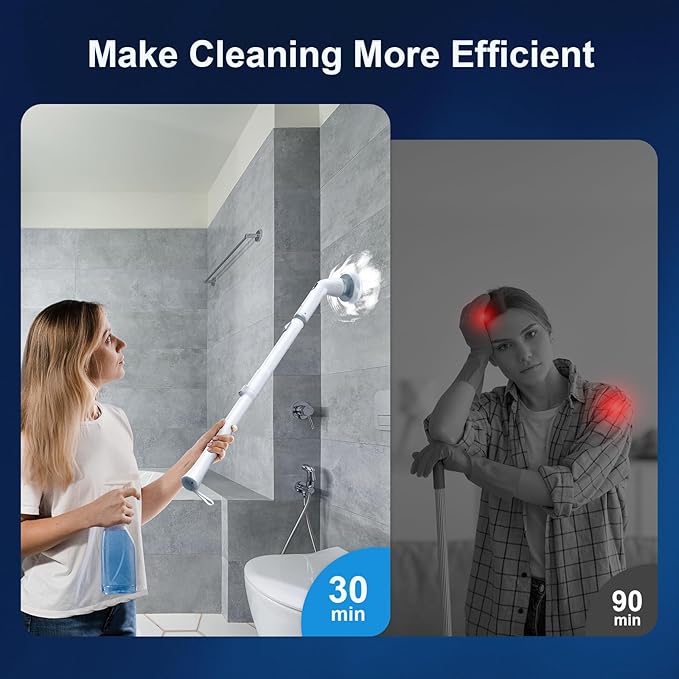 LABIGO Electric Spin Scrubber LA4 Pro Dual Speed Bathroom Scrubber with Display &amp 6 Replacement Cleaning Heads Cordless Power Scrubber with Adjustable &amp Detachable Handle for Bathroom Floor