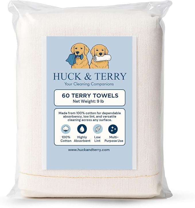 Terry Cloth Rags for Cleaning (60PCS) Bag of Rags White 100% Cotton Bar Mop Paint Cloth and Multipurpose Kitchen Auto Staining Lint Free Absorbent Washable Towel 15x18 in