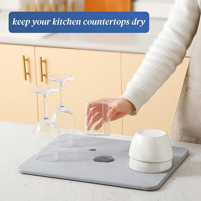 Quick Dry Stone Drying Mat for Kitchen Counter Water-Absorbent Diatomaceous Dish Drying Mats Multi-Purpose Stone Drying Tray for Cups Dishes Bottles