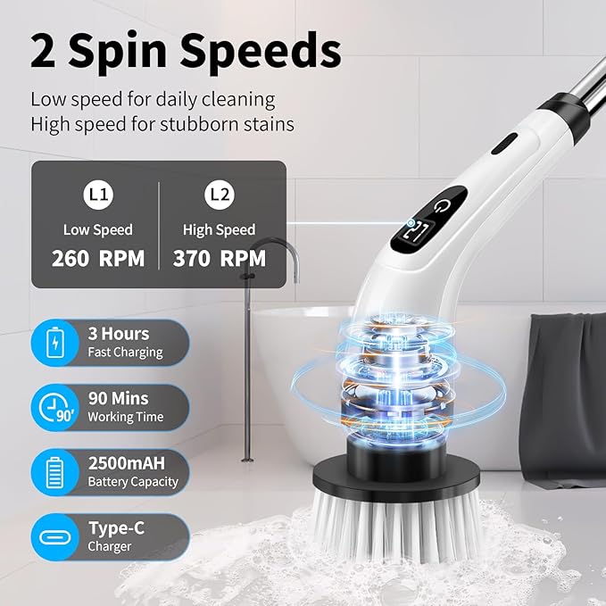 GOXAWEE Electric Spin Scrubber Cordless Cleaning Brush with 8 Replaceable Brush Heads Power Shower Scrubber with Long Handle for Bathroom Tub Tile Floor (White)