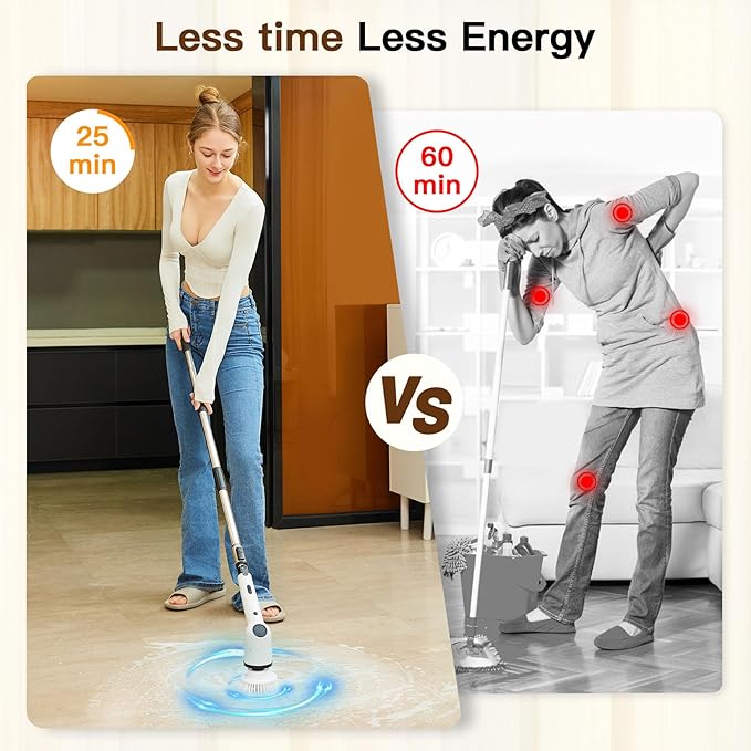 Electric Spin Scrubber: Cordless Shower Scrubber with 8 Replaceable Brush Heads- 3 Adjustable Speeds- Adjustable Extension Handles- Power Cleaning Brush for Bathroom- Floor- Tile