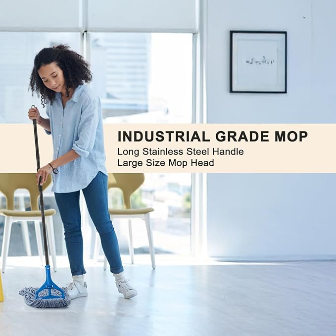 Commercial Industrial Mop with 3 Extra Large Reusable Replacement Head59 Long Handle Heavy Duty Wet MopsLooped-End String Cotton Mop for Floor CleaningHouseKitchenOfficeGarageTile(Blue)
