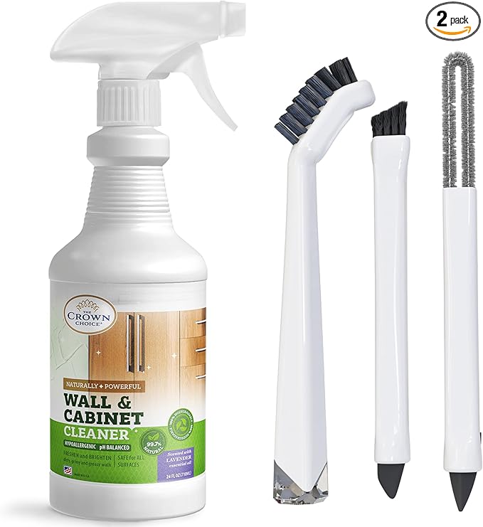 Natural Wall Cleaner &amp Household Cleaning Brush Set Bundle 24 Oz Lavender Stain Remover Spray and 3 Pcs Brushes Set - a perfect comb for cleaning Walls Ceilings Cabinets Baseboards Wood Stain