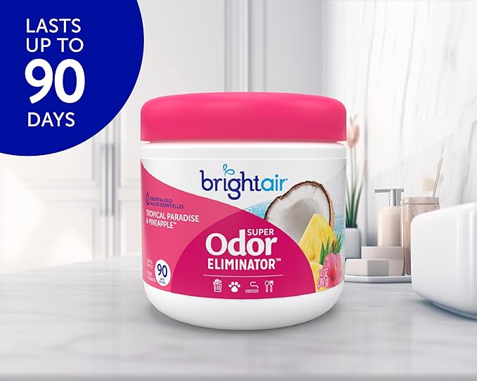 Bright Air 14 oz. Super Odor Eliminator For Medium-Size Spaces Tropical Paradise &amp Pineapple Scent Case of 6 Air Freshener Natural Essential Oils Lasts Up to 90 Days Each