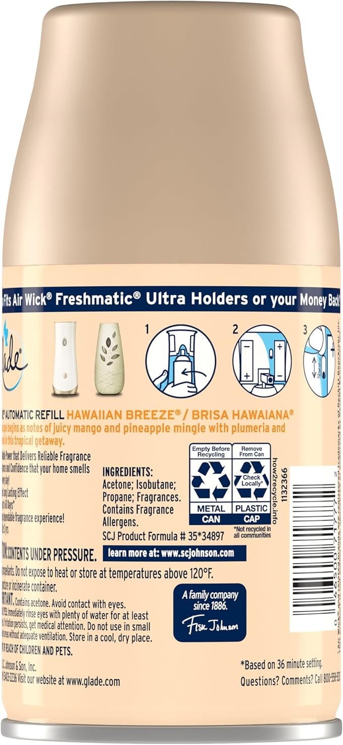 Glade Automatic Spray Refill and Holder Kit Air Freshener for Home and Bathroom Hawaiian Breeze 6.2 Oz 2 Count