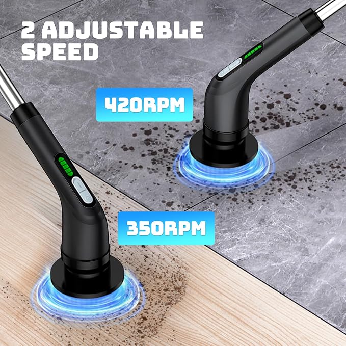 Electric Spin Scrubber Powerful 2-Speed Cleaning Brush IPX7 Waterproof with 7 Reusable Brush Heads &amp Extendable Handle for Bathroom Toilet Shower Kitchen Wall Tile Floor Grout (Black)