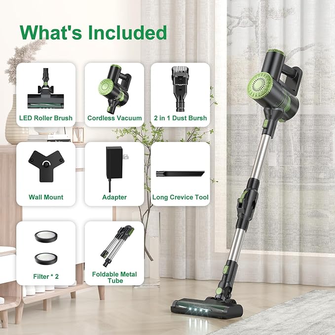 Cordless Vacuum Cleaner Lightweight Stick Vacuum Cleaner 6 in 1 Self-Standing with Powerful Suction 180° Bendable Wand Rechargeable Cordless Vacuum for Hardwood Floor (Green)