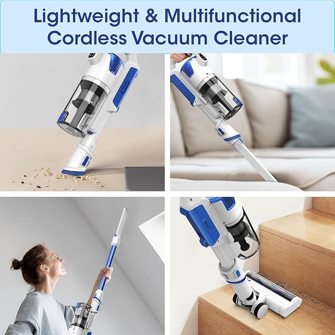 whall Cordless Vacuum Cleaner 45KPA 88000RPM Vacuum Cleaners for Home with LED Display Self-Standing &amp Anti-Tangle Lightweight Stick Vacuum for Pet Hair Carpet Hard Floor Azure