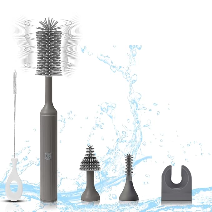 Electric Baby Bottle Brush Set with Rechargeable Electric Bottle Brush Cleaner and Replaceable Silicone Bottle Brushes and Straw Brush Cleaner Waterproof Multi-Purpose Cleaning Brush（Grey）