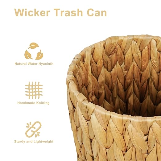 Small Wicker Trash Can Small Bathroom Trash Can Boho Waste Basket for Bedroom Home Office Water Hyacinth Wicker Waste Basket for Bathroom Compact Spaces (Round 2 Gallon)
