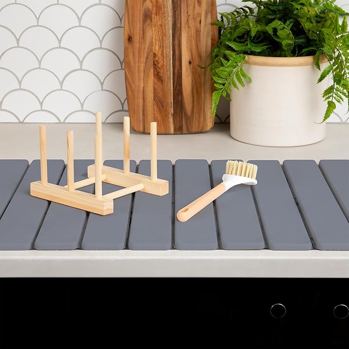 HavenMat – Large Stone Dish Drying Mat (24”x16”) with Bamboo Rack &amp Brush | Quick-Dry Diatomite Counter Mat for Dishes Glassware Plants &amp Pets | Grey Kitchen Drying Stone (Grey)