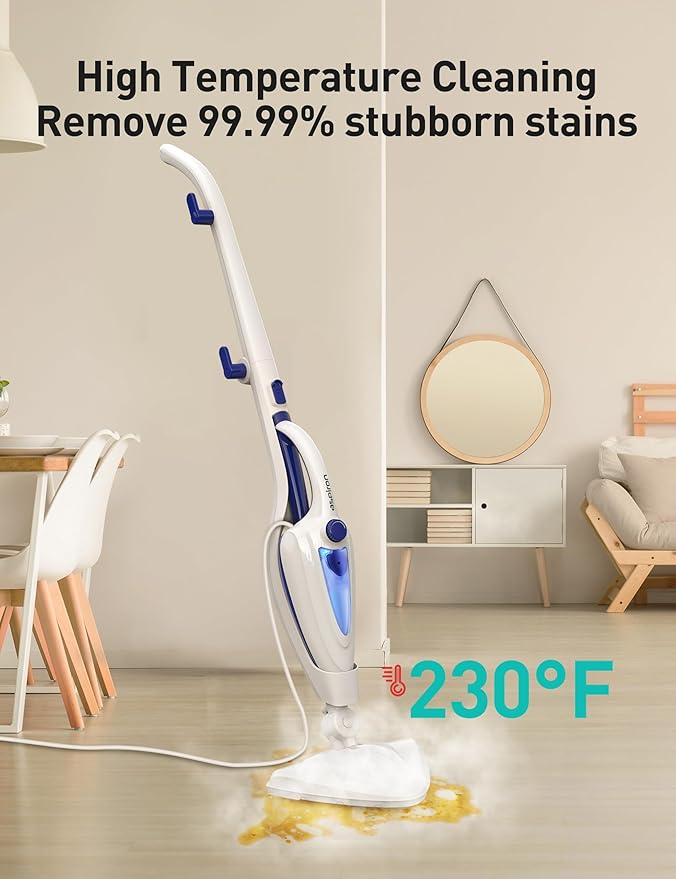 12-in-1 Steam Mop Fast 15-Sec Heat-Up 1500W Detachable Handheld Steam Cleaner with 2 Dirt Grip Pads Removes 99.99% Stubborn Stains for Hardwood Floors Clothes Windows Tiles Furniture White