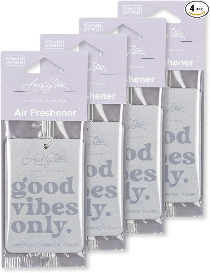 Austy Lou “Good Vibes Only” Air Freshener (4 Pack) – Grapefruit Champagne &amp Ginger Scent – Hanging Paper Car Fresheners for Car Closet &amp Small Spaces – Up to 6 Weeks of Fragrance