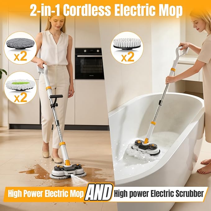Cordless Electric Mop for Dewalt 20V Battery (NO Battery) 2 in 1 Spin Mop &amp Electric Floor Scrubber with LED Light &amp Water Spray Electric Mops for Floor Cleaning HardwoodTile (White Yellow