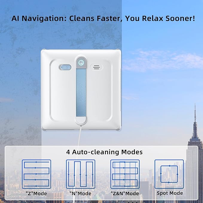 Window Cleaning Robot - Patented DualFore Tech Turbo Roller Brush + Microfiber Pad Combo Cleaning 6 Wide-Angle Spray Nozzles AI Nav Multi-Layer Safety App/Remote Control