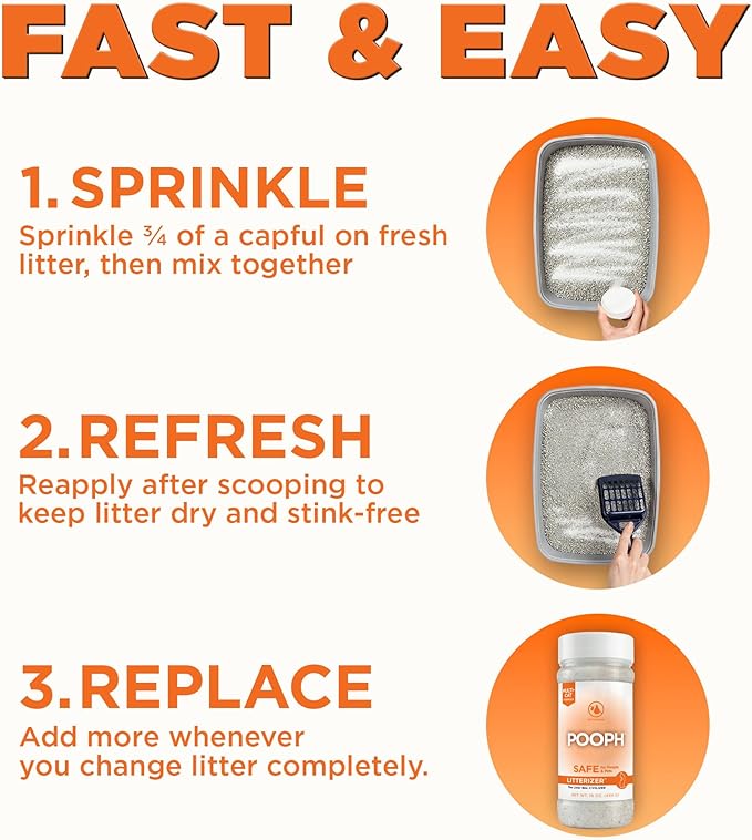 POOPH® LITTERIZER® – 16oz Bottle – Absorbs 46x Weight in Wetness &amp Odor – Keeps Litter Dry Reduces Mess Reduce Litter Costs and Get a Stink-FREELitter Box – Without Fragrances or Harsh Chemicals