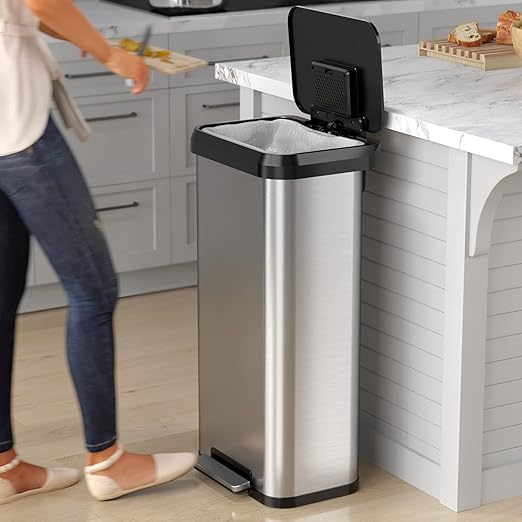 iTouchless 20 Gallon Step Pedal Kitchen Trash Can with Odor Filter Stainless Steel and Dent-Proof Black Plastic Lid Large 75 Liter Bedroom Home Office Commercial Tall Recycle Garbage Bin Wastebasket