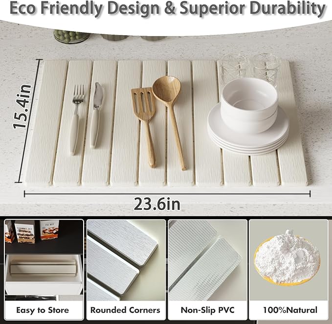 Stone dish drying mats for kitchen counter large 23.6L x 15.4W foldable diatomite dish stone drying mat quick dry extra fast absorbent roll up rack White/Black foldable stone dish drying mat