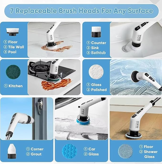 7-in-1 Electric Spin Scrubber with Long Extension Handle Cordless Cleaning Brush with 2 Speeds Power Scrubber with 7 Replaceable Brush Heads for Floor TileBathroomShower BathtubGlassCar etc.