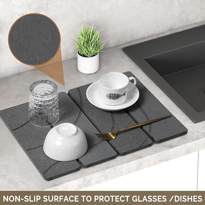 Small Stone Dish Drying Mat for Kitchen Counter 2 PCS 16×12 &amp 8x4 Quick Dry Stone Mats Foldable Water Absorbing Diatomite Drying Dish Pad for Countertop Bottles Utensils Cups(Carved Gray)