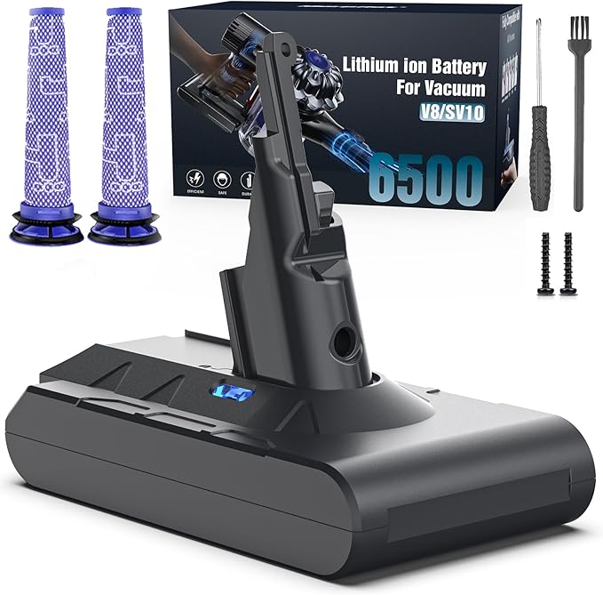 Battery Replacement for Dyson V8 21.6V 8000mAh Li-ion Battery Compatible with SV10 V8 Animal V8Absolute V8Motorhead V8Carbon Fiber V8Fluffy Series Cordless Vacuum 2 Filters and 1 Post-Filter